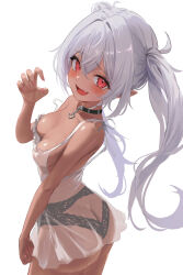 Rule 34 | 1girl, absurdres, ann (enye5842), black choker, black panties, breasts, choker, claw pose, commentary, dark-skinned female, dark skin, dress, fang, heart collar, highres, lace, lace panties, lingerie, long hair, looking at viewer, medium breasts, open mouth, original, panties, paw pose, pink nails, pointy ears, red eyes, see-through clothes, see-through dress, simple background, skin fang, solo, twintails, underwear, white background, white hair