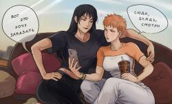 19_tian 2girls black_eyes black_hair black_pants bracelet breast_press breasts bubble_tea cellphone commentary_request couch cup ear_piercing earrings genderswap genderswap_(mtf) green_socks grey_pants hand_on_own_hip he_tian heart holding holding_cup holding_phone jewelry large_breasts medium_breasts multiple_girls orange_eyes orange_hair pants phone piercing red_lips red_nails russian_commentary russian_text short_hair smartphone smile socks stud_earrings sweatpants translation_request vasiliy-plumber zhan_zheng_xi