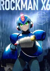 1boy android armor blue_armor blue_helmet blurry blurry_background clenched_hand cowboy_shot forehead_jewel green_eyes helmet highres holding male_focus mega_man_(series) mega_man_x6 mega_man_x_(series) no-rishio rain solo tears watermark wet x_(mega_man) z_saber