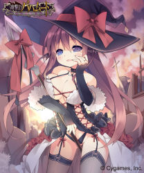 10s 1girl bare_shoulders black_panties black_thighhighs blue_eyes blush bow breasts cleavage detached_sleeves female_focus fur_trim garter_straps hat head_wings jewelry large_breasts long_hair looking_at_viewer mole mole_under_eye open_mouth original panties polearm red_hair ring saru shingeki_no_bahamut smile solo spear thighhighs underwear weapon wings witch_hat