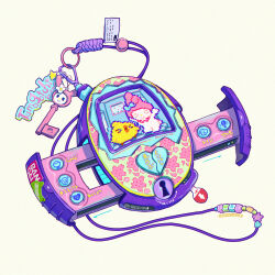 bandai beads charm_(object) chinese_commentary commentary heart highres iwse_zhang key my_melody no_humans object_focus onegai_my_melody sanrio simple_background still_life tamagotchi tamagotchi_(virtual_pet) white_background