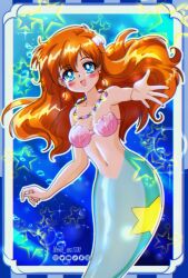 1girl :d bikini blue_eyes blush breasts bubble cleavage earrings floating_hair hair_between_eyes hair_ornament highres jewelry long_hair looking_at_viewer medium_breasts mermaid mermaid_misty_(pokemon) misty_(pokemon) monster_girl navel necklace nintendo open_mouth orange_hair pokemon seashell shell shell_bikini shell_hair_ornament smile solo star_(symbol) swimsuit underwater