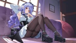 1girl absurdres arm_up armpits artist_request bare_shoulders black_pantyhose blush breasts chinese_commentary closed_mouth commentary_request full_body hand_in_own_hair highres indoors large_breasts long_hair long_sleeves looking_at_viewer otakueden1995 pantyhose pointy_ears purple_hair red_eyes sitting solo thighband_pantyhose thighs vivian_banshee zenless_zone_zero