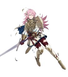 1girl arm_shield brown_gloves clenched_teeth damaged fire_emblem fire_emblem_fates fire_emblem_heroes gloves headband highres leggings nintendo non-web_source official_alternate_costume official_art one_eye_closed pink_eyes pink_hair puffy_sleeves skirt soleil_(fire_emblem) soleil_(resplendent)_(fire_emblem) solo spiked_hair sword teeth torn_clothes torn_leggings vambraces weapon
