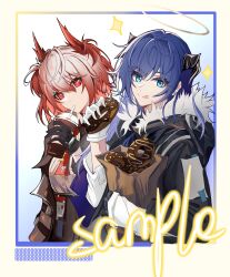 Rule 34 | 2girls, :q, aqua eyes, arknights, bag, black gloves, black horns, blue hair, bolo tie, border, bright pupils, closed mouth, cup, disposable cup, donut, drink, drinking straw, fiammetta (arknights), food, fur trim, gloves, grey halo, halo, haokun38464, highres, holding, holding donut, holding drink, holding food, horns, long hair, looking at viewer, mostima (arknights), multiple girls, paper bag, red eyes, red hair, sample watermark, short hair, smile, sparkle, tongue, tongue out, traditional halo, upper body, watermark, white gloves, white pupils, yellow border