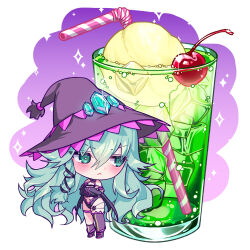 1girl alternate_costume artist_request asymmetrical_legwear blush cherry chibi closed_mouth cup date_a_live drinking_glass drinking_straw food fruit gem green_eyes green_gemstone green_hair hair_between_eyes hat highres ice ice_cube juice kyouno_natsumi lemon long_hair revealing_clothes second-party_source solo v-shaped_eyebrows very_long_hair witch_hat