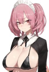 1girl :3 absurdres anke_(vtuber) bikini black_bikini black_shrug breasts cleavage closed_mouth headdress highres indie_virtual_youtuber jungsungwoo large_breasts long_sleeves maid_headdress neck_ribbon pink_hair red_eyes ribbon shrug_(clothing) simple_background smile solo string_bikini swimsuit twintails upper_body virtual_youtuber white_background wing_collar
