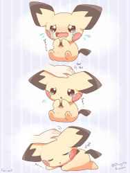 closed_eyes crying crying_with_eyes_open gen_2_pokemon hand_on_another&#039;s_head hand_on_own_head highres lying mugita_konomi nintendo on_stomach open_mouth pichu pokemon pokemon_(creature) sitting sleeping striped_background tears twitter_username zzz