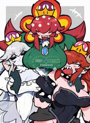 +++ 3girls anger_vein annoyed armlet bare_shoulders black_gloves black_leotard black_sclera blank_eyes blue_gemstone bowsette bracelet breasts brooch cleavage collar colored_sclera colored_skin dress earrings face_to_breasts frown gem gloves green_dress hacco_mayu hair_over_eyes high_heels highres horns huge_breasts jewelry leg_up leotard long_hair long_sidelocks mario_(series) multiple_girls new_super_mario_bros._u_deluxe nintendo open_mouth polka_dot_hair princess_king_boo princess_petey_piranha puffy_short_sleeves puffy_sleeves red_eyes red_footwear red_hair scoop_neck sharp_teeth short_sleeves showgirl_skirt sidelocks size_difference smile sphere_earrings spiked_armlet spiked_bracelet spiked_collar spikes strapless strapless_leotard super_crown teeth tongue tongue_out unamused v-shaped_eyebrows very_long_hair white_hair white_leotard white_skin