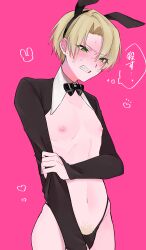 1boy absurdres alfred_(fire_emblem) angry black_bow black_bowtie blonde_hair blush bow bowtie clenched_teeth crossdressing embarrassed fire_emblem fire_emblem_engage green_eyes highres male_pubic_hair meme_attire navel nintendo nipples pubic_hair pubic_hair_peek reverse_bunnysuit reverse_outfit rororotsu solo speech_bubble stomach teeth translation_request