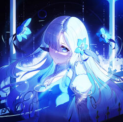 1girl absurdres asymmetrical_bangs blue_theme blunt_ends chinese_commentary closed_mouth commentary_request dress floating_hair flower hair_over_one_eye highres isekaijoucho kamitsubaki_studio light_blush light_smile long_bangs long_hair looking_at_viewer monochrome nnnnnoeru one_eye_covered shrug_(clothing) solo straight_hair upper_body virtual_youtuber