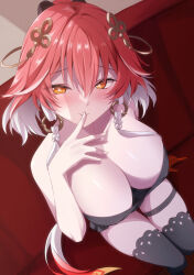 1girl absurdres black_dress black_ribbon black_thighhighs blush breasts changli_(wuthering_waves) chimunge cleavage closed_mouth collarbone colored_extremities commentary_request couch dress finger_to_mouth from_above hair_extensions hair_ornament hair_ribbon highres huge_breasts long_hair multicolored_hair on_couch orange_hair partial_commentary ribbon ring_hair_ornament smile solo thighhighs thighs two-tone_hair white_hair wuthering_waves yellow_eyes