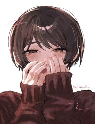1girl :d absurdres blush brown_eyes brown_hair brown_sweater character_name commentary covering_own_mouth ear_piercing earrings fingernails hair_intakes half-closed_eyes hand_over_own_mouth hands_up highres jewelry koucha_(pankeki_koucha) kuromitsu_hana_(koucha) long_sleeves looking_at_viewer multiple_earrings nail_polish open_mouth original parted_bangs piercing pink_nails short_hair simple_background sleeves_past_wrists smile solo straight-on sweater symbol_in_eye upper_body white_background