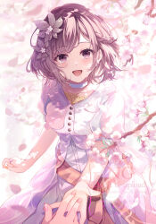 1girl asaya-bigun belt braid brown_eyes brown_hair cherry_blossoms choker commentary_request cowboy_shot crown_braid crying crying_with_eyes_open flower grey_skirt hair_flower hair_ornament highres holding_hands jacket looking_at_viewer open_mouth petals pink_jacket project_sekai reaching reaching_towards_viewer shinonome_ena shirt short_hair single_tear skirt smile solo tears watermark white_choker white_shirt