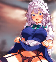 1girl absurdres apron black_garter_belt black_hair blue_eyes blush bow bowtie braid breasts clothes_lift collared_shirt female_pubic_hair flandzen garter_belt green_bow grey_hair highres izayoi_sakuya lace lace-trimmed_garter_belt lace-trimmed_legwear lace_trim large_breasts maid maid_headdress mismatched_pubic_hair no_panties open_mouth pubic_hair puffy_short_sleeves puffy_sleeves shirt short_sleeves sitting skirt skirt_lift thighhighs touhou twin_braids waist_apron white_shirt