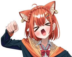 &gt;_&lt; 1girl :d ahoge animal_ear_fluff arm_up black_jacket blush bow braid clenched_hand closed_eyes collared_shirt crown_braid dress_shirt ear_piercing hair_ornament head_tilt highres hood hood_down hooded_jacket jacket k_mugura nijisanji open_mouth orange_hair piercing ratna_petit red_bow red_panda_ears school_uniform shirt simple_background smile solo star_(symbol) upper_body v-shaped_eyebrows virtual_youtuber white_background white_shirt xd