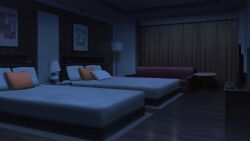 bed bedroom couch curtains dark desk_lamp drawer highres hotel_room indoors lamp night no_humans non-web_source official_art our_life:_beginnings_and_always photo_(object) pillow rug scenery shelf table television variant_set wooden_desk wooden_floor