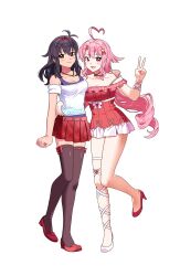 absurdres ahoge antenna_hair black_hair black_thighhighs commission commissioner_upload curtained_hair detached_sleeves dotoram dress full_body hand_on_another&#039;s_shoulder hand_on_another&#039;s_waist highres lilim_(sakura_cupid) looking_at_viewer mitsuki_(sakura_cupid) non-web_source pink_eyes pink_hair plaid_clothes plaid_skirt sakura_cupid skirt sleeveless sleeveless_dress thighhighs v yuri