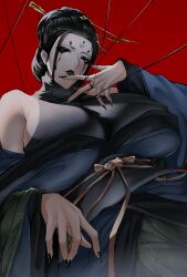 Rule 34 | 1girl, absurdres, bare shoulders, black eyes, black hair, black lips, black myth: wukong, black nails, breasts, chinese clothes, commentary, english commentary, facial mark, forehead mark, fourth sister (black myth: wukong), from below, hair bun, hair ornament, hair stick, highres, huge breasts, looking at viewer, looking down, makeup, mature female, pale skin, red background, runny makeup, simple background, solo, string, wide sleeves, z enatsu