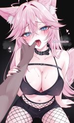 1girl ahoge animal_collar animal_ear_fluff animal_ears artist_name bikini bikini_top_only black_bikini black_collar black_nails black_shorts blue_eyes breasts breath cleavage collar collarbone commission finger_in_another&#039;s_mouth fishnet_pantyhose fishnets fox_ears fox_girl hair_between_eyes heart heart_ahoge highres indie_virtual_youtuber long_hair makeup mochiimochii_(vtuber) navel pantyhose pink_hair runny_makeup saliva short_shorts shorts swimsuit tears tongue virtual_youtuber zxcsque