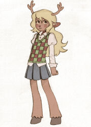 1girl animal_ears antlers blonde_hair blue_skirt checkered_sweater_vest collared_shirt commentary deer_antlers deer_ears deer_girl deltarune english_commentary full_body furry furry_female highres hooves horns juliet_sleeves long_hair long_sleeves noelle_holiday puffy_sleeves shirt simple_background skirt solo szivarvanyturmix02 white_background white_shirt