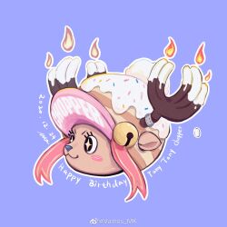 1boy :3 antlers bell blue_background blush_stickers candle character_name dated deer_boy eyelashes fire furry furry_male happy_birthday hat head_only highres horns jingle_bell one_piece solo sparkling_eyes tony_tony_chopper vamos_mk