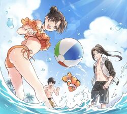 1girl 2boys arms_up ball bare_arms bare_legs bare_shoulders bent_over bikini black_eyes black_hair blue_sky blunt_bangs brown_eyes brown_hair clenched_hand cloud cloudy_sky collarbone double_bun fish friends frilled_bikini frills from_behind from_below from_side hair_bun hair_up high_ponytail highres hyuuga_neji jacket light_blush long_hair looking_at_object looking_at_viewer looking_back multiple_boys naruto_(series) no_pupils ocean off_shoulder open_clothes open_jacket open_mouth orange_bikini outdoors palm_tree parted_bangs parted_lips ponytail purple_eyes rock_lee short_hair shorts sky solid_circle_eyes splashing standing stomach sunlight swimsuit tenten_(naruto) thick_eyebrows tree usao_(313131) wading water