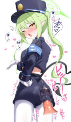 1girl :d absurdres aoto_mei armband black_jacket black_shorts blue_archive blue_armband blush bulge clothing_cutout commentary_request cum cum_on_ass cum_on_body cum_on_clothes demon_tail disembodied_penis ejaculation_under_clothes erection erection_under_clothes fang from_behind gloves green_hair green_halo halo hand_on_own_ass hat highres jacket long_hair long_sleeves looking_at_viewer looking_back nozomi_(blue_archive) open_mouth pantyhose pantylines partial_commentary peaked_cap penis penis_under_another&#039;s_clothes pointy_ears short_shorts shorts simple_background skin_fang smile tail tail_through_clothes translation_request twintails variant_set white_background white_gloves white_pantyhose yellow_eyes
