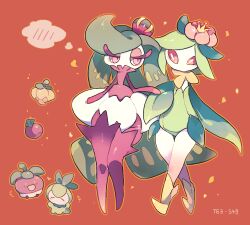 2girls ^_^ age_progression akadako bags_under_eyes berry_(pokemon) boots bounsweet closed_eyes colored_sclera colored_skin crown eye_contact female_focus flat_chest flower full_body gen_5_pokemon gen_7_pokemon green_hair green_leotard hair_flower hair_ornament half-closed_eyes hand_up happy heart hisuian_lilligant holding_hands hopo_berry interspecies legs leotard long_hair looking_at_another looking_to_the_side magost_berry mini_crown monster_girl multicolored_skin multiple_girls multiple_views nintendo no_mouth open_mouth orange_flower orange_outline outline petilil pink_eyes plant_girl pokedex_number pokemon pokemon_(creature) purple_boots purple_skin red_background red_sclera shoes short_hair sidelocks smile speech_bubble spoken_blush standing swept_bangs thigh_boots thought_bubble tsareena two-tone_skin very_long_hair walking white_eyes white_skin yellow_crown yellow_eyes yellow_shoes yuri