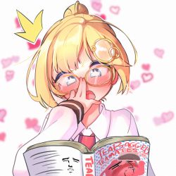 1girl ^^^ adjusting_eyewear alternate_hairstyle bespectacled blonde_hair blue_eyes blush book collared_shirt commentary embarrassed fujoshi glasses hair_bun hair_ornament hands_on_own_face holding hololive hololive_english kiirokuma kuso_miso_technique long_sleeves looking_at_viewer meme necktie open_book red_necktie shirt short_hair single_hair_bun solo star-shaped_pupils star_(symbol) symbol-shaped_pupils upper_body virtual_youtuber watson_amelia watson_amelia_(1st_costume) white_shirt yaranaika