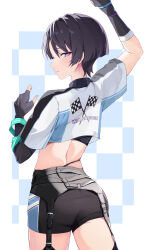 1boy absurdres alternate_costume arm_up back belt belt_buckle black_belt black_gloves black_hair black_shorts blunt_ends buckle character_name checkered_background checkered_flag chobonu crop_top cropped_shirt eyelashes eyeliner eyeshadow fingerless_gloves flag from_behind genshin_impact gloves grey_pupils half-closed_eyes hand_up highres looking_at_viewer looking_back makeup male_focus purple_eyes race_flag racing_suit red_eyeliner red_eyeshadow scaramouche_(genshin_impact) short_shorts short_sleeves shorts solo tongue tongue_out wanderer_(genshin_impact) white_sleeves