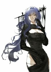 1girl arcana_(reverse:1999) black_dress black_gloves black_liquid blue_hair breasts cleavage cleavage_cutout clothing_cutout cowboy_shot dress elbow_gloves gloves hand_up highres hip_vent large_breasts light_smile long_dress long_hair long_sleeves looking_at_viewer mujik reverse:1999 solo very_long_hair wand_in_head white_background yellow_eyes