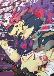 1boy ao_gravity arm_wrap armor body_fur cherry_blossoms chest_sarashi commentary_request dragon_mask highres hisuian_typhlosion holding holding_smoking_pipe katana kiseru looking_at_viewer male_focus mask mask_on_head nintendo pokemon pokemon_(creature) purple_background red_eyes samurai sarashi sheath sheathed smoking_pipe sword upper_body weapon