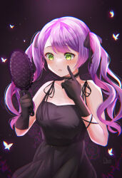 1girl absurdres alternate_costume alternate_hairstyle black_choker black_dress black_gloves blush breasts bug butterfly choker chromatic_aberration commentary_request dot_nose dress flower gloves gradient_hair green_eyes hair_ribbon hand_mirror highres holding holding_mirror hololive insect lace-trimmed_choker lace_trim long_hair looking_at_object mirror mochi_tsu22 multicolored_hair pink_hair ribbon solo tokoyami_towa twintails virtual_youtuber