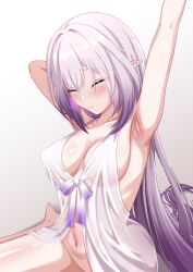 1girl armpits babydoll bottomless breasts castorice_(honkai:_star_rail) chi_xiao closed_eyes commentary_request covered_erect_nipples grey_background highres honkai:_star_rail honkai_(series) large_breasts long_hair navel pointy_ears purple_hair sideboob simple_background solo stretching white_babydoll