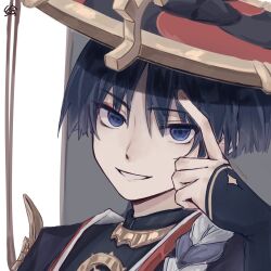 1boy black_hair black_hat black_kimono blue_eyes blunt_ends empty_eyes eyeliner eyeshadow genshin_impact gold grey_veil hand_on_own_face hat highres huiyue1016 index_finger_raised japanese_clothes jewelry jingasa juban kimono looking_at_viewer makeup male_focus neck_ring open_mouth purple_rope red_eyeliner red_eyeshadow red_hat red_kimono rope scaramouche_(genshin_impact) shimenawa single_sode smile solo veil white_background white_kimono white_mouth white_rope wispy_bangs