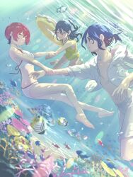 1boy 2girls absurdres air_bubble amate_yuzuriha artist_name bikini black_hair blue_hair bubble commentary diving ekn_gq fish gundam gundam_gquuuuuux highres holding_breath holding_hands hood hooded_jacket jacket long_hair multicolored_hair multiple_girls nyaan_(gundam_gquuuuuux) ocean one_eye_closed red_eyes red_hair sea_creature seafloor short_hair shuji_ito smile swim_ring swimming swimsuit symbol-only_commentary teeth twitter_username two-tone_hair underwater watermark white_bikini yellow_eyes yellow_swimsuit