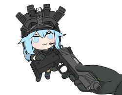 &gt;:) 1girl 1other :3 absurdres black_boots black_gloves black_helmet black_shirt blue_eyes blue_hair blue_pants boots bulletproof_vest chibi combat_helmet dated_commentary ear_protection fast_helmet fumo_(doll) giving gloves go_do_a_crime_(meme) gun handgun headset helmet highres holding holding_gun holding_weapon knee_pads load_bearing_vest long_hair meme night_vision_device original pants pixcy_(pixcy5) pov pov_hands shirt staccato_2011 transparent_background v-shaped_eyebrows weapon