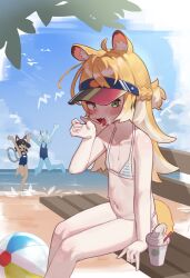 Rule 34 | 3girls, absurdres, animal ears, ball, beach, beachball, bikini, blonde hair, character request, commentary, erifan0, flat chest, green eyes, highres, ju fufu, multiple girls, nekomiya mana, outdoors, sitting, soukaku (zenless zone zero), swimsuit, symbol-only commentary, tail, tiger ears, tiger girl, tiger tail, zenless zone zero
