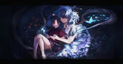 Rule 34 | 2girls, absurdres, barefoot, black ribbon, black skirt, blue butterfly, blue dress, blue eyes, blue hair, bug, butterfly, caustics, commentary, dress, english commentary, feet out of frame, hagoromo, hair ornament, hair rings, hair stick, hat, hat ornament, highres, insect, jiangshi, kaku seiga, letterboxed, looking at viewer, medium hair, miyako yoshika, multiple girls, neck ribbon, newsboy cap, ofuda, open mouth, parted bangs, red shirt, ribbon, shawl, shirt, short hair, short sleeves, skirt, star (symbol), star hat ornament, touhou, vest, water, white vest, xiirus