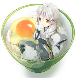 10s 1boy black_gloves bowl eating egg food food_on_face full_body gloves hakama hakama_skirt hiyo_kiki in_bowl in_container in_food japanese_clothes kimono long_sleeves male_focus mini_person miniboy partially_fingerless_gloves reclining rice rice_on_face skirt solo tamagokake_gohan touken_ranbu tsurumaru_kuninaga white_background white_hair wide_sleeves yellow_eyes