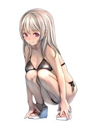 1girl absurdres bare_shoulders bikini black_bikini black_sandals blush breasts cleavage closed_mouth emutsuichi grey_hair highres long_hair looking_at_viewer original purple_eyes sandals simple_background smile solo squatting swimsuit white_background white_hair