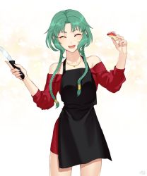 1girl apple apple_slice apron ayamatazu braid commentary_request fate/grand_order fate_(series) food fruit green_hair holding holding_knife jewelry kitchen_knife knife long_hair low_twin_braids nail_polish necklace off_shoulder open_mouth purple_nails salome_(fate) smile solo twin_braids