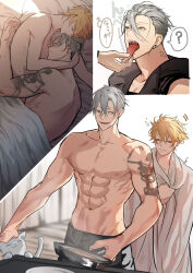 Rule 34 | 2boys, ?, abs, ahoge, arm tattoo, bakshi christensen, bare shoulders, bed, bed sheet, black jacket, black pants, blanket, blonde hair, cat, closed eyes, closed mouth, collarbone, cooking, couple, cuddling, earrings, fangs, food, frying pan, giancarlo bourbon del monte, grey eyes, grey hair, hair between eyes, highres, holding, holding another&#039;s tongue, holding blanket, holding frying pan, hood, hood down, hooded jacket, hug, hug from behind, jacket, jewelry, licking, looking at another, lucky dog 1, lying, male focus, messy hair, miyamoyan, multiple boys, muscular, muscular male, naked sheet, navel, neck tattoo, nipples, on bed, on side, open mouth, pants, parted lips, pectorals, pillow, plate, short hair, skull tattoo, sleeping, sleeveless, sleeveless jacket, smile, speech bubble, spoken question mark, stove, tattoo, teeth, thought bubble, tongue, tongue out, topless male, under covers, waking up, white cat, yaoi, yellow eyes