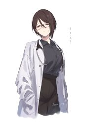 1girl bang_dream! black_hair black_shirt closed_mouth coat collared_shirt commentary dress_shirt glasses hair_between_eyes hand_in_pocket highres kanade_(kanade_3344) long_hair_between_eyes open_clothes open_coat purple_eyes shirt short_hair simple_background solo stethoscope symbol-only_commentary translated white_background white_coat yashio_rui