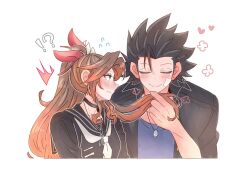 Rule 34 | !?, 1boy, 1girl, 7 (milu577610), aerith gainsborough, aerith gainsborough (midgard seventh high school), bandaid, bandaid on cheek, bandaid on face, black choker, black hair, black jacket, black sailor collar, black serafuku, blue shirt, blush, brown hair, choker, closed eyes, closed mouth, commentary, couple, delinquent, final fantasy, final fantasy vii, final fantasy vii ever crisis, flying sweatdrops, gakuran, green eyes, hair ribbon, heart, highres, holding another&#039;s hair, jacket, jewelry, long hair, looking at another, necklace, official alternate costume, open clothes, open jacket, parted lips, pink ribbon, ribbon, sailor collar, school uniform, serafuku, shirt, simple background, smile, spiked hair, sukeban, symbol-only commentary, white serafuku, zack fair, zack fair (midgard seventh high school)