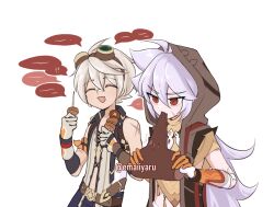 2boys ahoge bandaid bandaid_on_face bandaid_on_nose bennett_(genshin_impact) boned_meat brown_hood closed_eyes eating emaiiyaru food genshin_impact gloves goggles goggles_on_head grey_hair hood hood_up long_hair meat multiple_boys open_mouth razor_(genshin_impact) red_eyes shirt short_hair simple_background skewer sleeveless sleeveless_shirt talking white_background