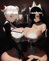 2girls arm_armor black_gloves black_hair breast_press breasts cleavage condom gloves hair_over_one_eye hazuki_kazue highres long_hair looking_at_viewer multiple_girls original short_hair symmetrical_docking white_hair