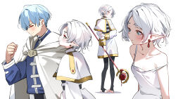 1boy 1girl absurdres alternate_hair_length alternate_hairstyle black_pantyhose blue_eyes blue_shirt blush camisole capelet clenched_hand cloak collarbone commentary earrings elf flat_chest floating_earrings frieren grey_hair highres himmel_(sousou_no_frieren) holding holding_staff jewelry looking_at_another multiple_views pantyhose parted_bangs pointy_ears shirt short_hair skirt sousou_no_frieren staff strap_slip striped_clothes striped_shirt sydus white_camisole white_capelet white_cloak white_skirt
