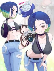 1girl absurdres aqua_hair ass bag belt black_choker bloodmoon_ursaluna blue_hair blue_pants breasts camera choker cleavage denim gen_1_pokemon green_hair grin highres holding holding_camera jeans large_breasts leaning_forward looking_at_viewer midriff multicolored_hair multiple_views navel nintendo pants perrin_(pokemon) pokemoa pokemon pokemon_(creature) pokemon_sv poliwhirl red_eyes short_hair shoulder_bag smile stomach teeth ursaluna watch wristwatch
